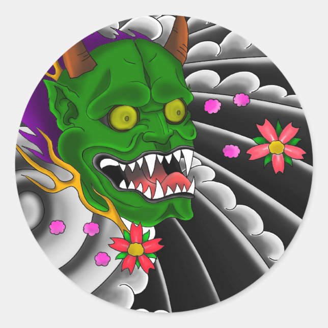 japanese mask tattoo design classic round sticker (Front)