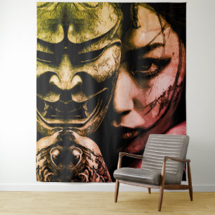 Japanese Masked Woman Dark Tattoo Realism Portrait Tapestry