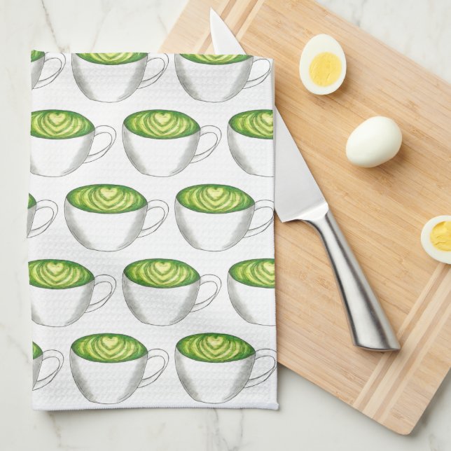Japanese Matcha Green Tea Latte Teacup Foodie Kitchen Towel (Quarter Fold)