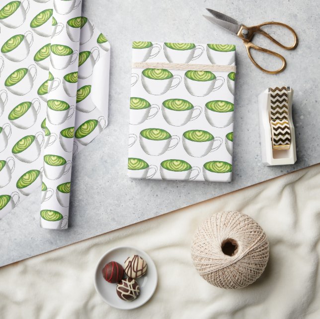Japanese Matcha Green Tea Latte Teacup Foodie Wrapping Paper (Crafts)