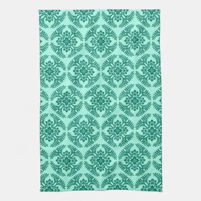 Japanese Medallion Pattern, Aqua and Turquoise  Ki Kitchen Towel (Vertical)