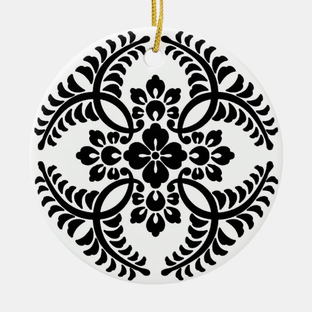 Japanese Medallion Pattern, Black and White  Ceramic Ornament (Front)