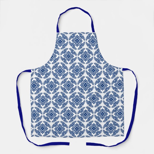 Japanese Medallion Pattern, Cobalt Blue and White Apron (Front)