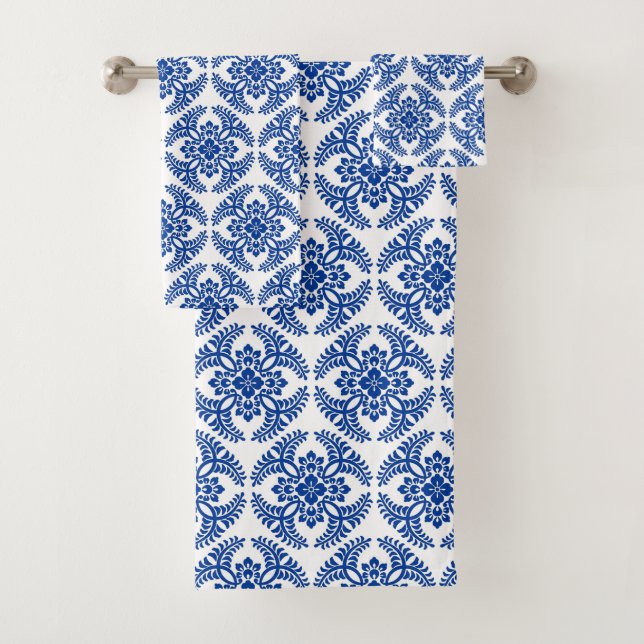 Japanese Medallion Pattern, Cobalt Blue and White  Bath Towel Set (Insitu)