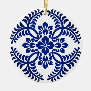 Japanese Medallion Pattern, Cobalt Blue and White  Ceramic Ornament