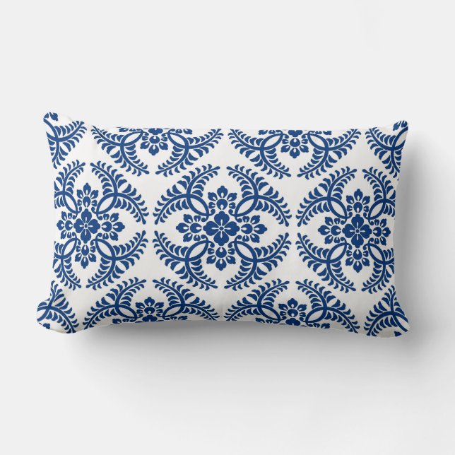 Japanese Medallion Pattern, Cobalt Blue and White Lumbar Pillow (Front)