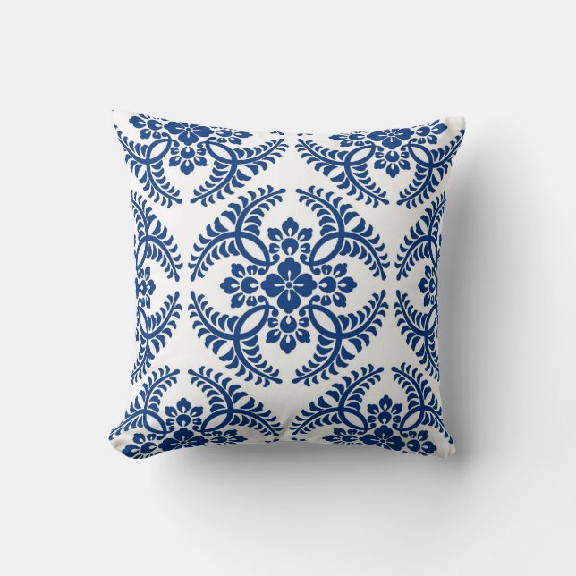Japanese Medallion Pattern, Cobalt Blue and White Throw Pillow (Front)