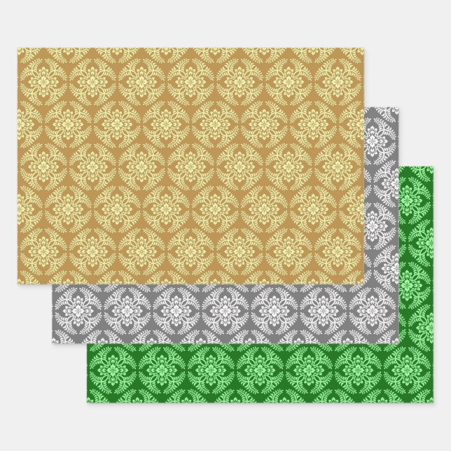 Japanese Medallion Pattern, Gold, Grey, Green Wrapping Paper Sheet (Set)