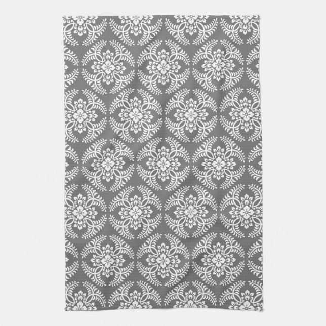 Japanese Medallion Pattern, Grey / Grey & White  Kitchen Towel (Vertical)