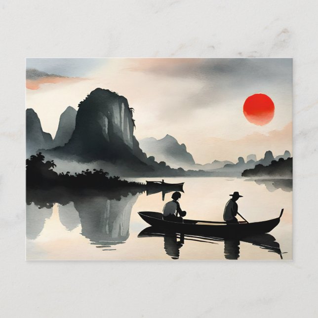 Japanese Men Sailing Boat Evening River Landscape  Postcard (Front)