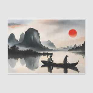 Japanese Men Sailing Boat Evening River Landscape  Tissue Paper
