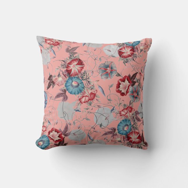 Japanese Morning Glories Flower Pattern Pale Coral Throw Pillow (Front)
