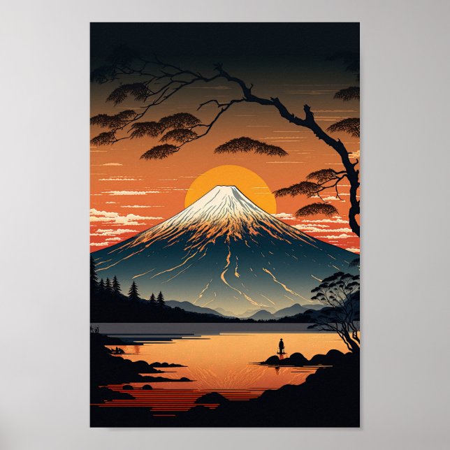 Japanese Mountain and Sun Ukiyo e illustration Poster (Front)
