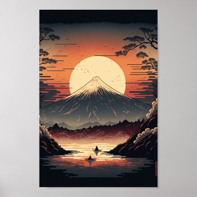 Japanese Mountain, lake and fishermen Ukiyo e Poster (Front)