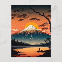 Japanese Mountains and Sun Ukiyo e illustration