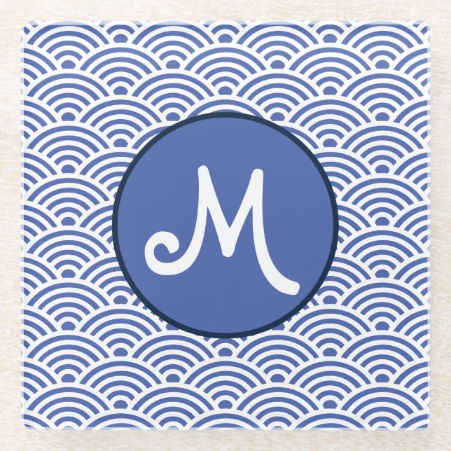 Japanese Nami Wave Pattern and Monogram Glass Coaster (Front)