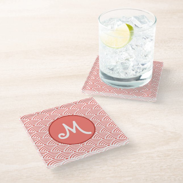 Japanese Nami Wave Pattern and Monogram Glass Coaster (Angled)