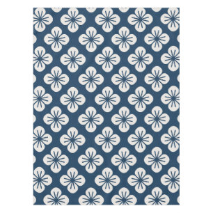 Japanese Navy Blue Ivory Floral Geometric Pattern Tablecloth