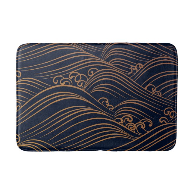 Japanese Ocean Waves Abstract Navy Blue Gold Brown Bath Mat (Front)