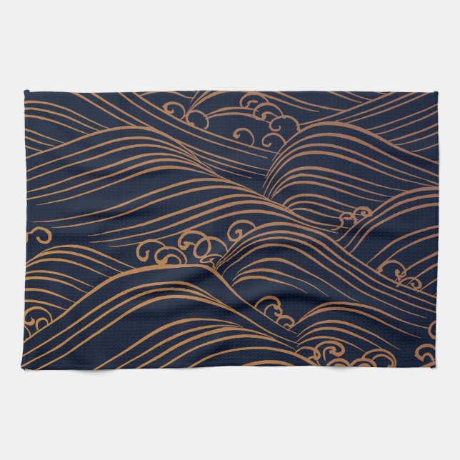 Japanese Ocean Waves Abstract Navy Blue Gold Brown Kitchen Towel (Horizontal)