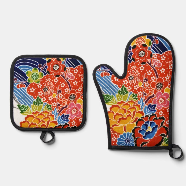 Japanese Okinawan Dye (Bingata) Oven Mitt & Pot Holder Set (Front)