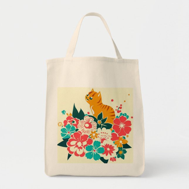 Japanese old scool cat and flowers tote bag (Front)