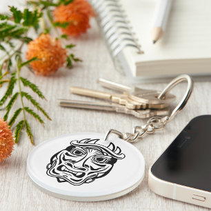 Japanese Oni Mask Tribal Demon Line Art Keychain