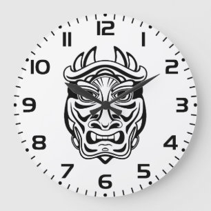Japanese Oni Mask Tribal Demon Line Art Large Clock