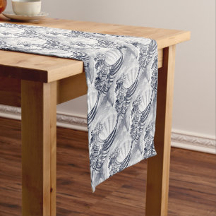 Japanese Oriental Wave Etching Engraved Woodcut Short Table Runner