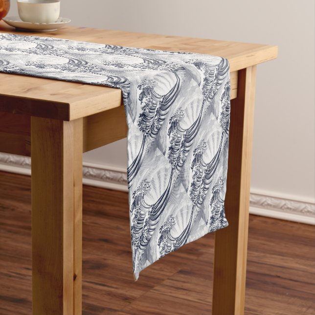 Japanese Oriental Wave Etching Engraved Woodcut Short Table Runner (In Situ)