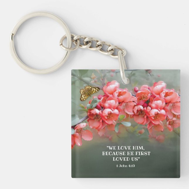 Japanese Ornamental Quince with Bible quotation  Keychain (Front)