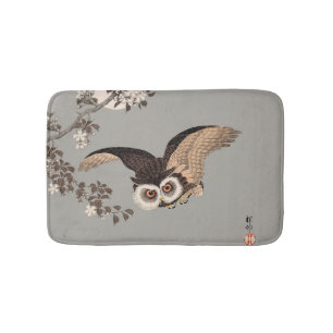 Japanese Owl Night Moon Woodcut Flying Night Bath Mat