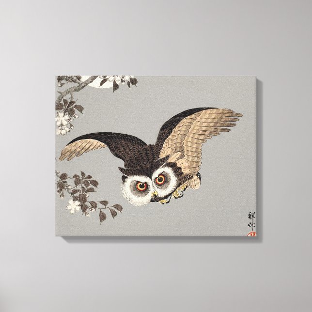 Japanese Owl Night Moon Woodcut Flying Night Canvas Print (Front)