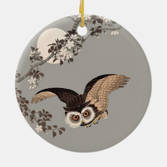 Japanese Owl Night Moon Woodcut Flying Night Ceramic Ornament (Back)