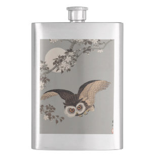 Japanese Owl Night Moon Woodcut Flying Night Hip Flask