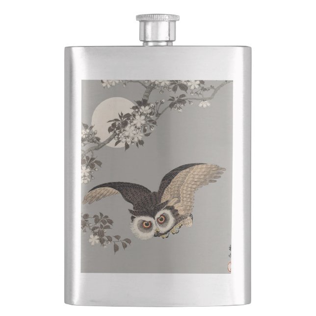 Japanese Owl Night Moon Woodcut Flying Night Hip Flask (Front)