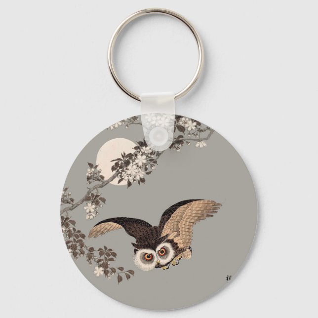 Japanese Owl Night Moon Woodcut Flying Night Keychain (Front)