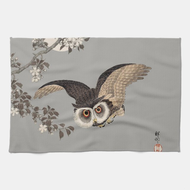 Japanese Owl Night Moon Woodcut Flying Night Kitchen Towel (Horizontal)
