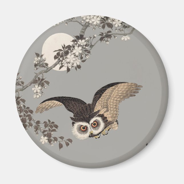 Japanese Owl Night Moon Woodcut Flying Night Magnet (Front)