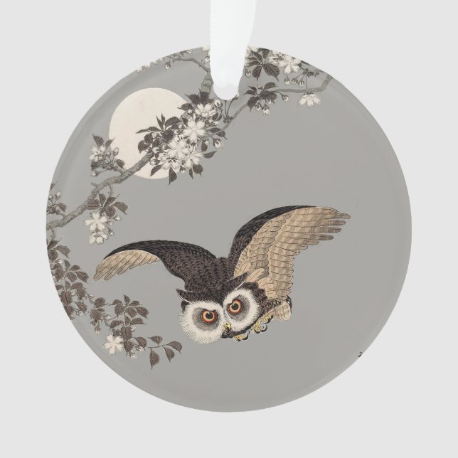 Japanese Owl Night Moon Woodcut Flying Night Ornament (Front)
