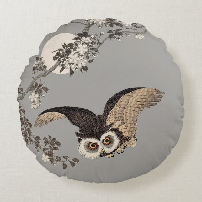 Japanese Owl Night Moon Woodcut Flying Night Round Pillow (Front)