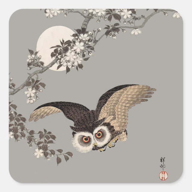 Japanese Owl Night Moon Woodcut Flying Night Square Sticker (Front)