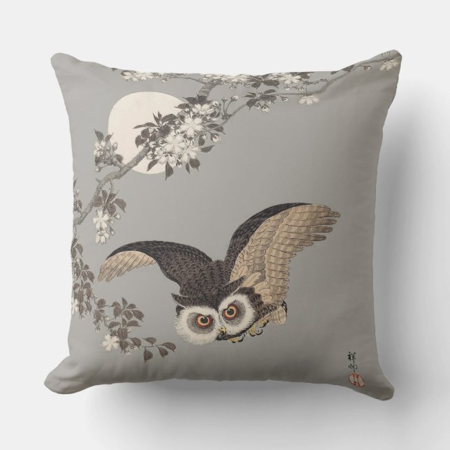 Japanese Owl Night Moon Woodcut Flying Night Throw Pillow (Front)