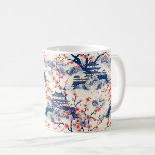 Japanese Pagoda Cherry Blossom Blue Cream Coffee Mug