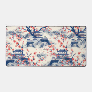 Japanese Pagoda Cherry Blossom Blue Cream Desk Mat