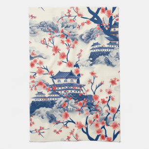 Japanese Pagoda Cherry Blossom Blue Cream Kitchen Towel