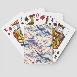 Japanese Pagoda Cherry Blossom Blue Cream Playing Cards