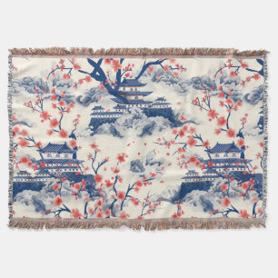 Japanese Pagoda Cherry Blossom Blue Cream Throw Blanket