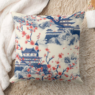 Japanese Pagoda Cherry Blossom Blue Cream Throw Pillow
