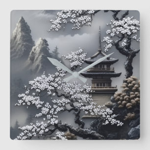 Japanese Pagoda & Cherry Blossom Landscape Wall Square Wall Clock